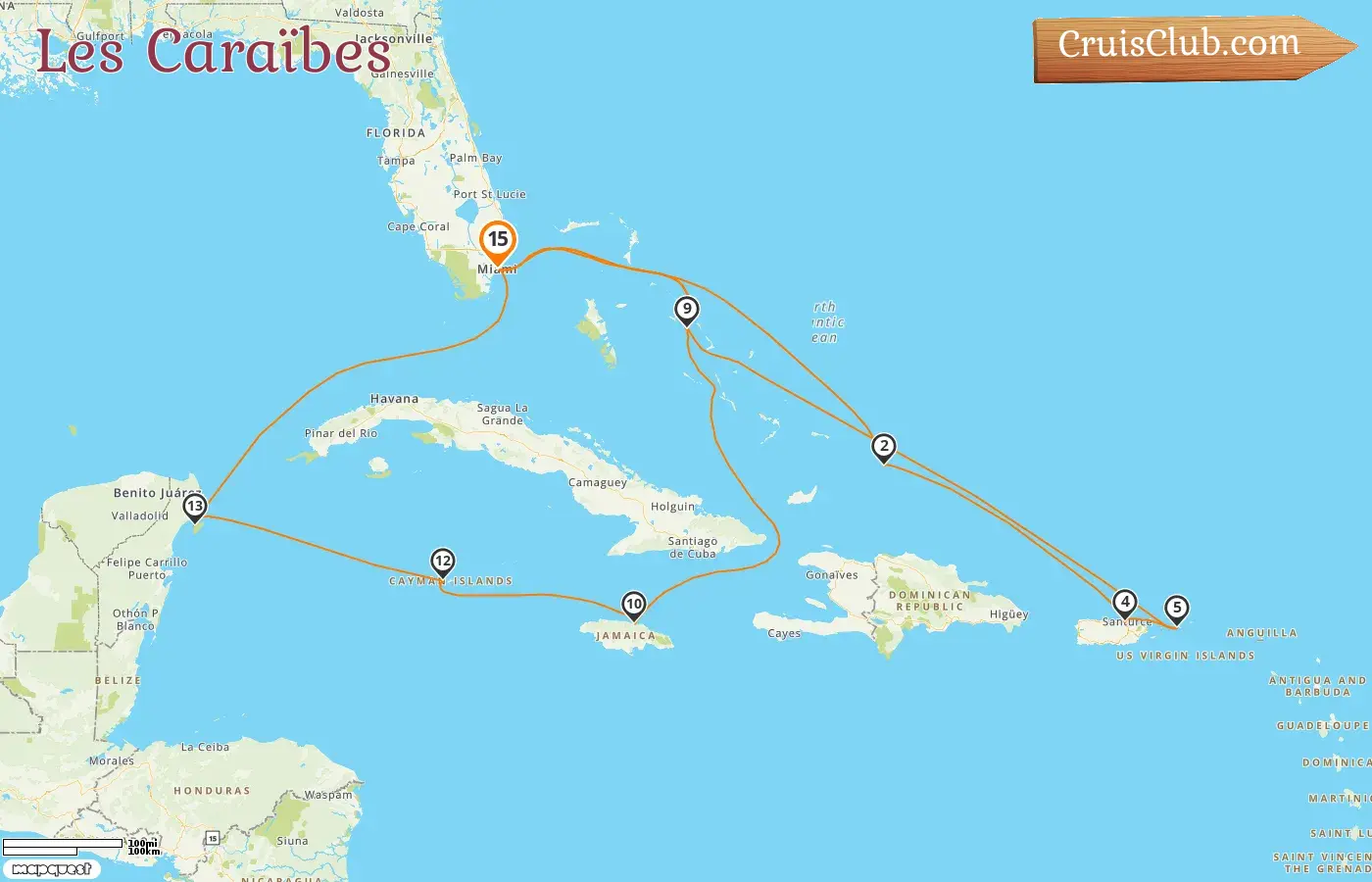 Croisière dans les Caraïbes au départ de Miami à bord du navire Zuiderdam avec escales aux États-Unis, à Porto Rico, aux Bahamas, en Jamaïque, aux îles Caïmans et au Mexique pendant 15 jours
