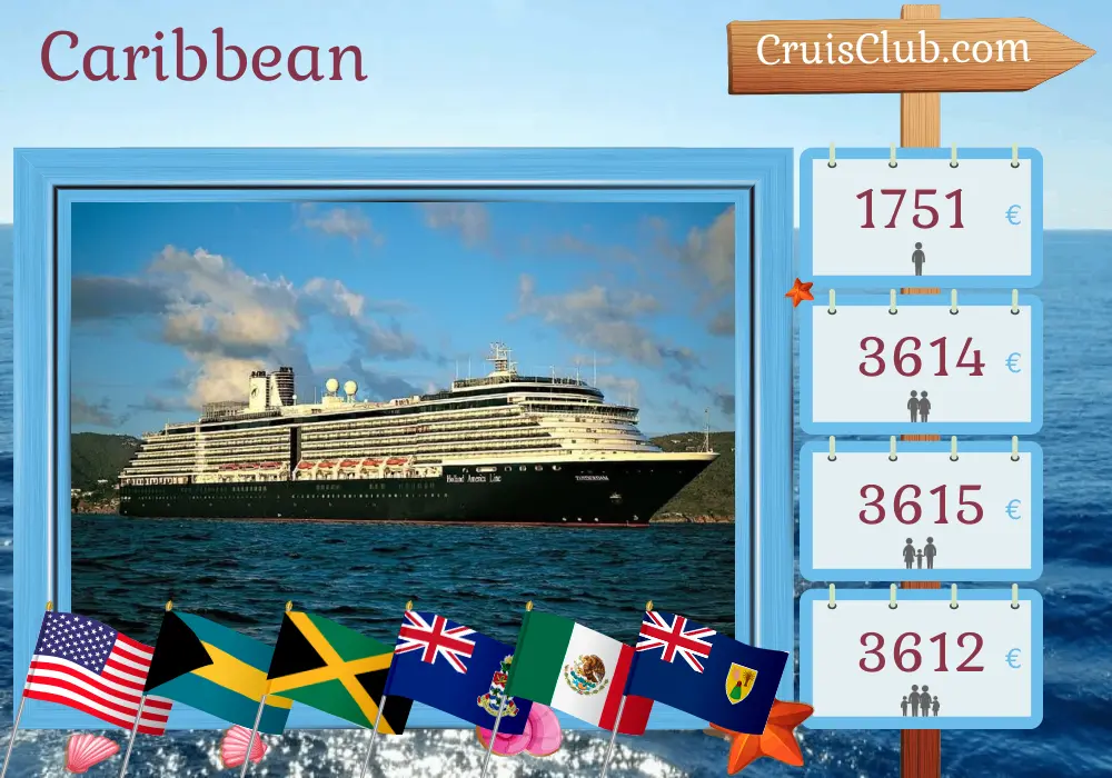 Cruise in the Caribbean from Miami aboard Zuiderdam ship with visits to USA, Bahamas, Jamaica, Cayman Islands, Mexico, and Dominican Republic for 15 days