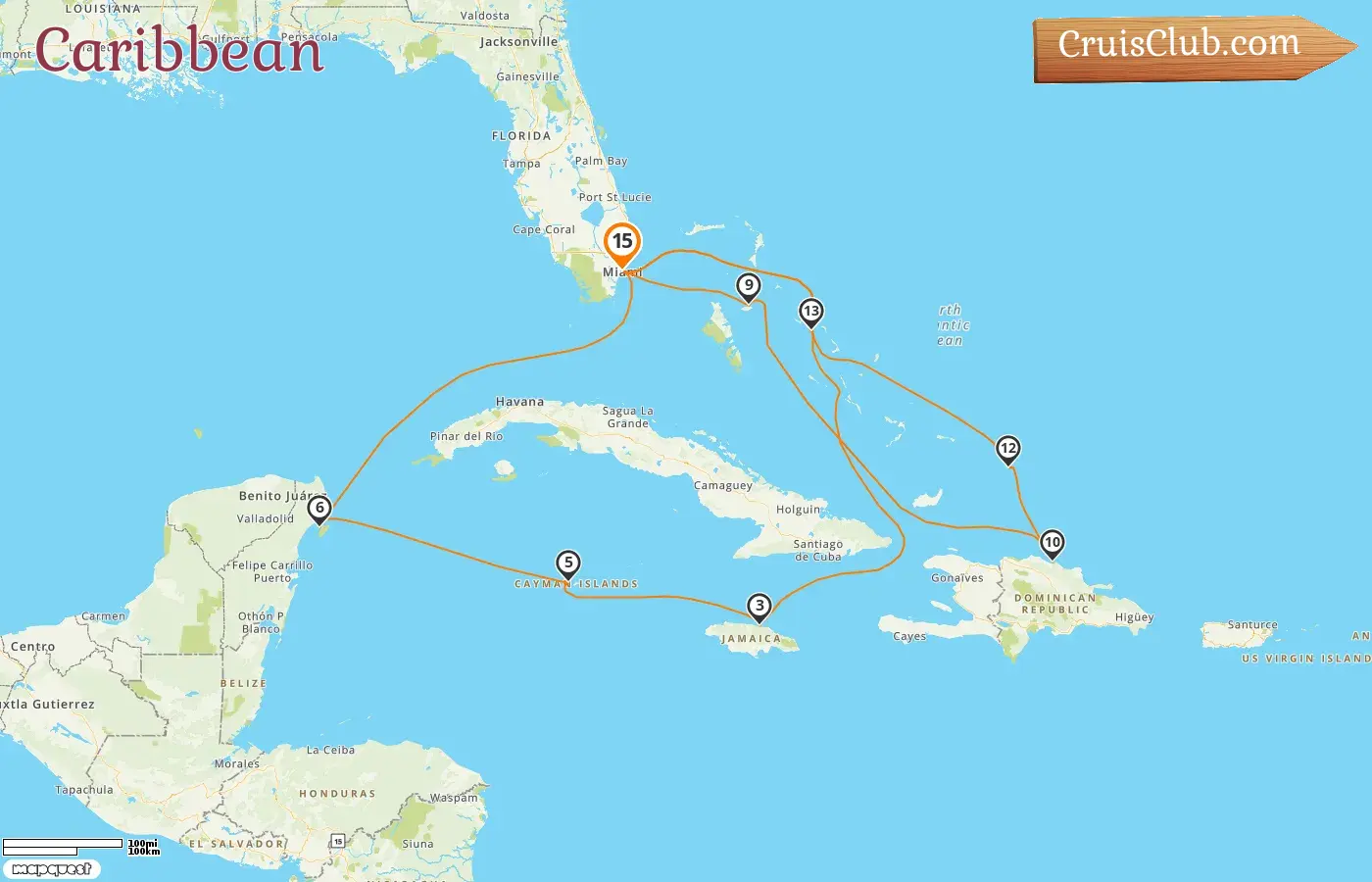 Cruise in the Caribbean from Miami aboard Zuiderdam ship with visits to USA, Bahamas, Jamaica, Cayman Islands, Mexico, and Dominican Republic for 15 days