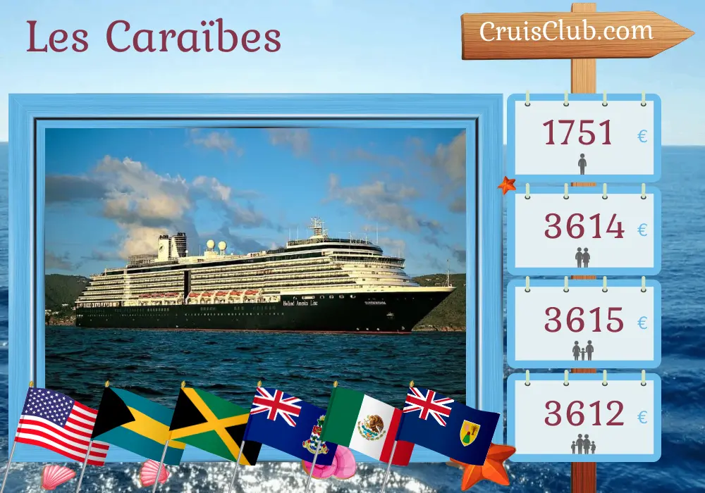 Croisière dans les Caraïbes depuis Miami à bord du navire Zuiderdam avec escales aux États-Unis, aux Bahamas, en Jamaïque, aux îles Caïmans, au Mexique et en République dominicaine pendant 15 jours