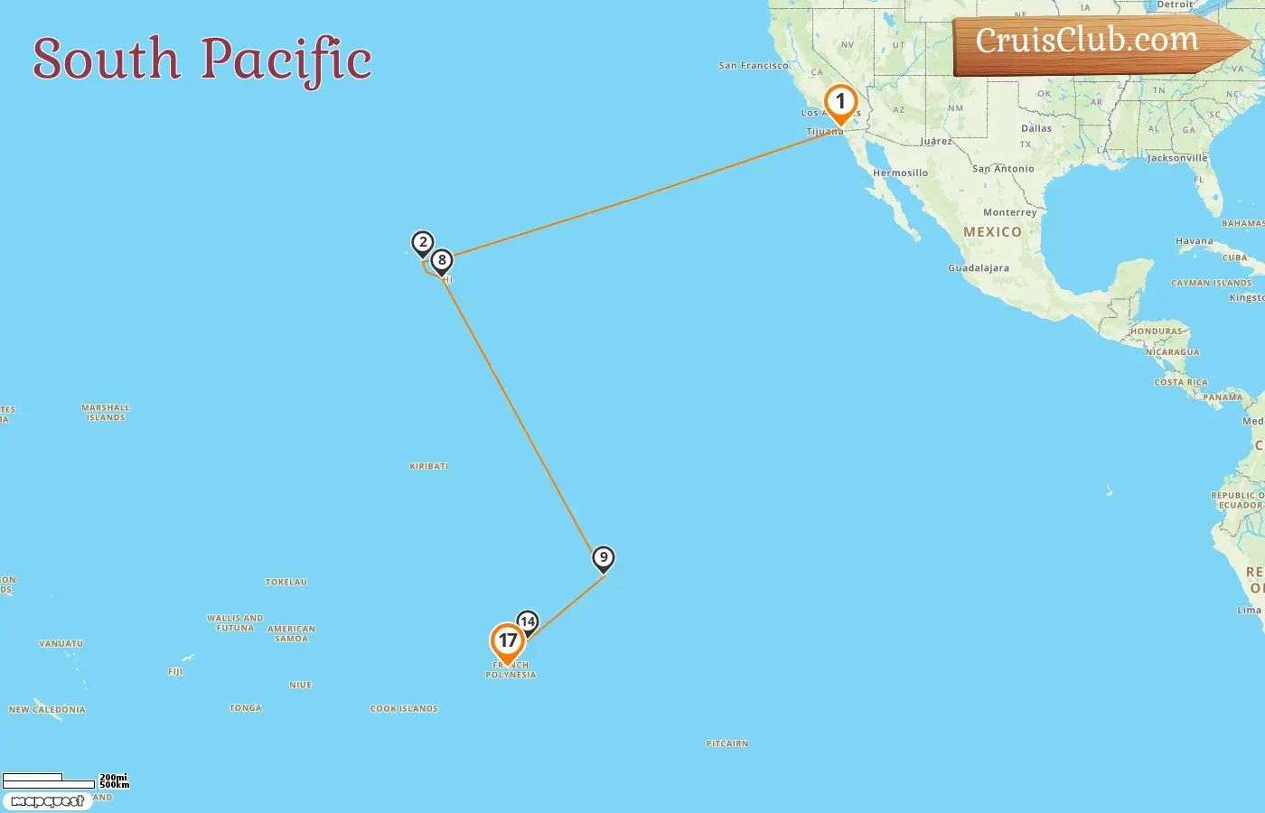Cruise in the South Pacific from San Diego to Papeete aboard Oceania Vista ship with visits to USA and French Polynesia for 17 days
