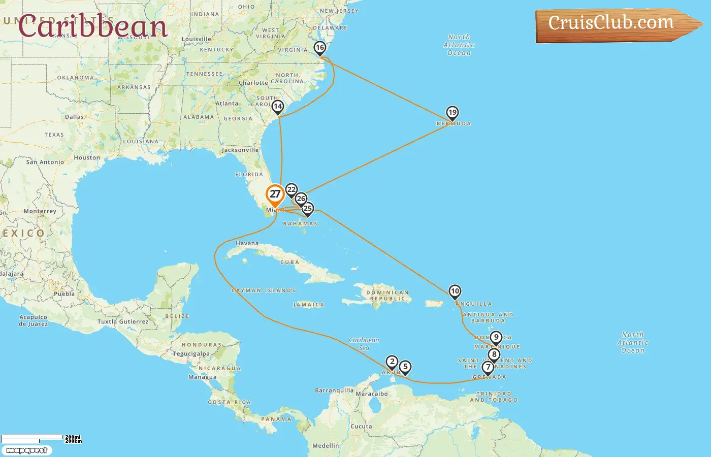 Cruise in the Caribbean from Miami aboard Oceania Allura ship with visits to USA, Aruba, Curaçao, Grenada, Saint Vincent and the Grenadines, British Virgin Islands, Bermuda, and Bahamas for 27 days