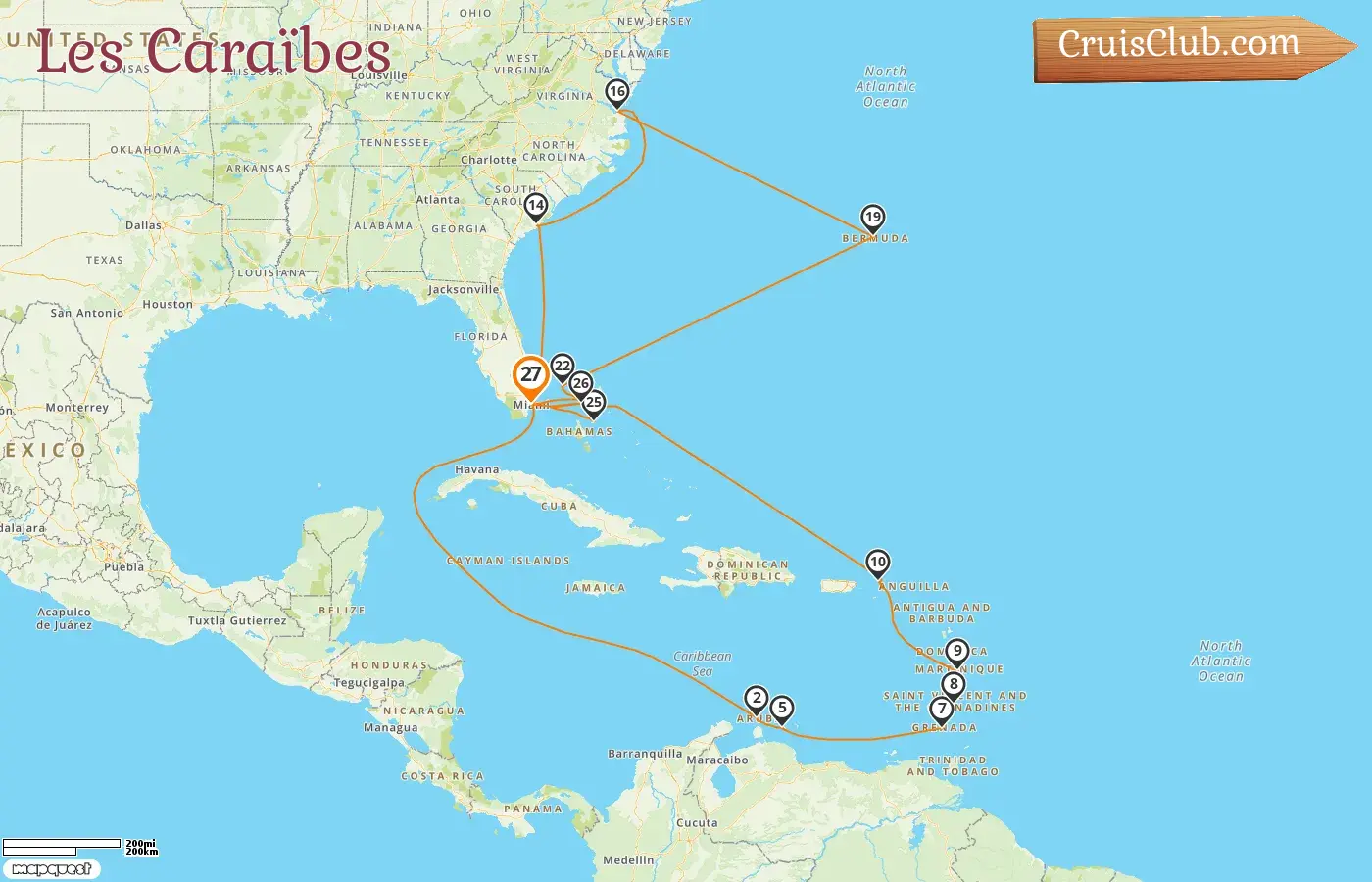 Croisière dans les Caraïbes au départ de Miami à bord du navire Oceania Allura avec escales aux États-Unis, à Aruba, Curaçao, Grenade, Saint-Vincent et les Grenadines, aux îles Vierges britanniques, aux Bermudes et aux Bahamas pendant 27 jours