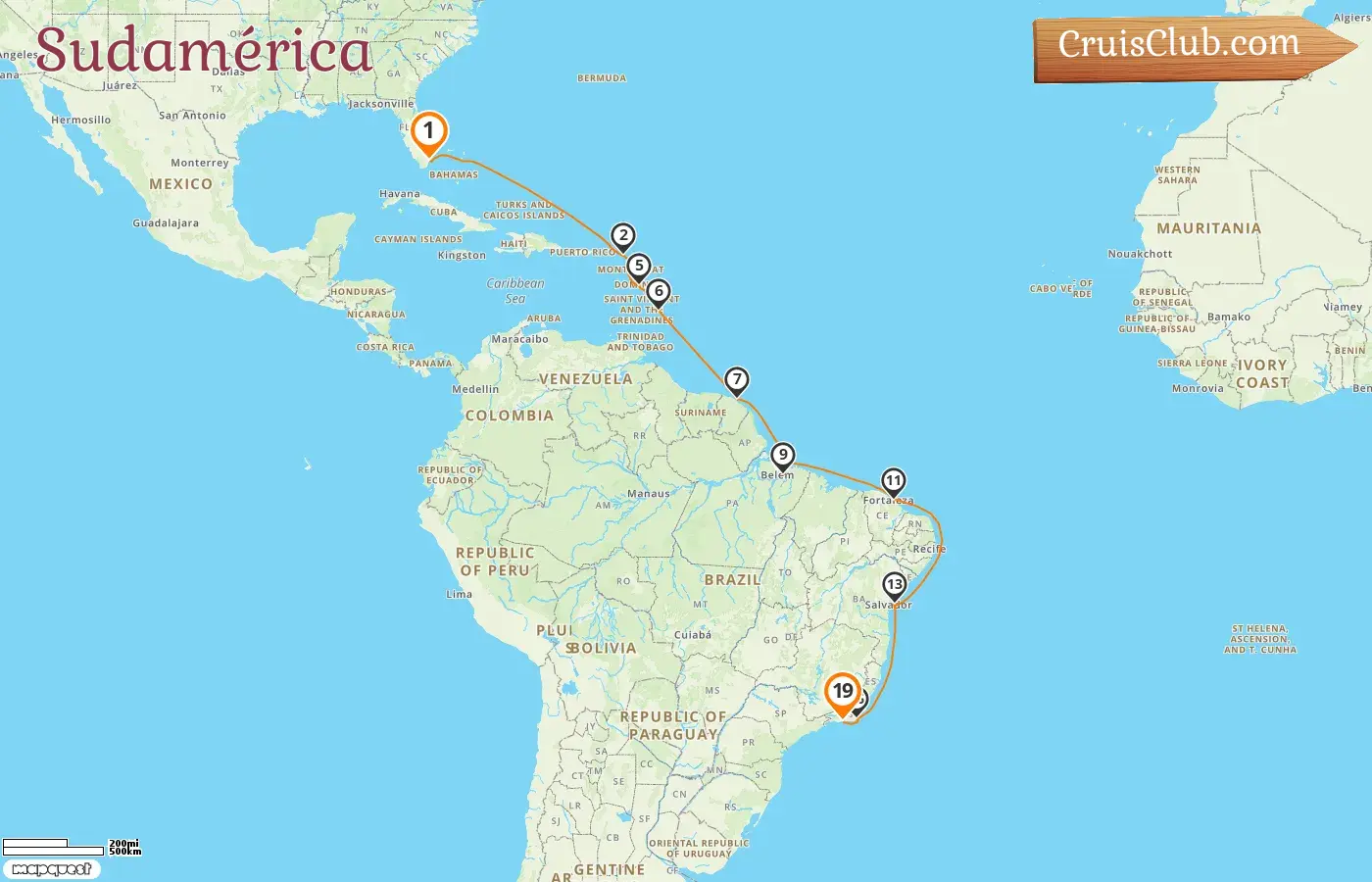 Crucero de América del Sur de Miami a Río de Janeiro a bordo del barco Oceania Vista con visitas a EE.UU., Saint-Barthelemy, Barbados, Guayana Francesa y Brasil por 19 días