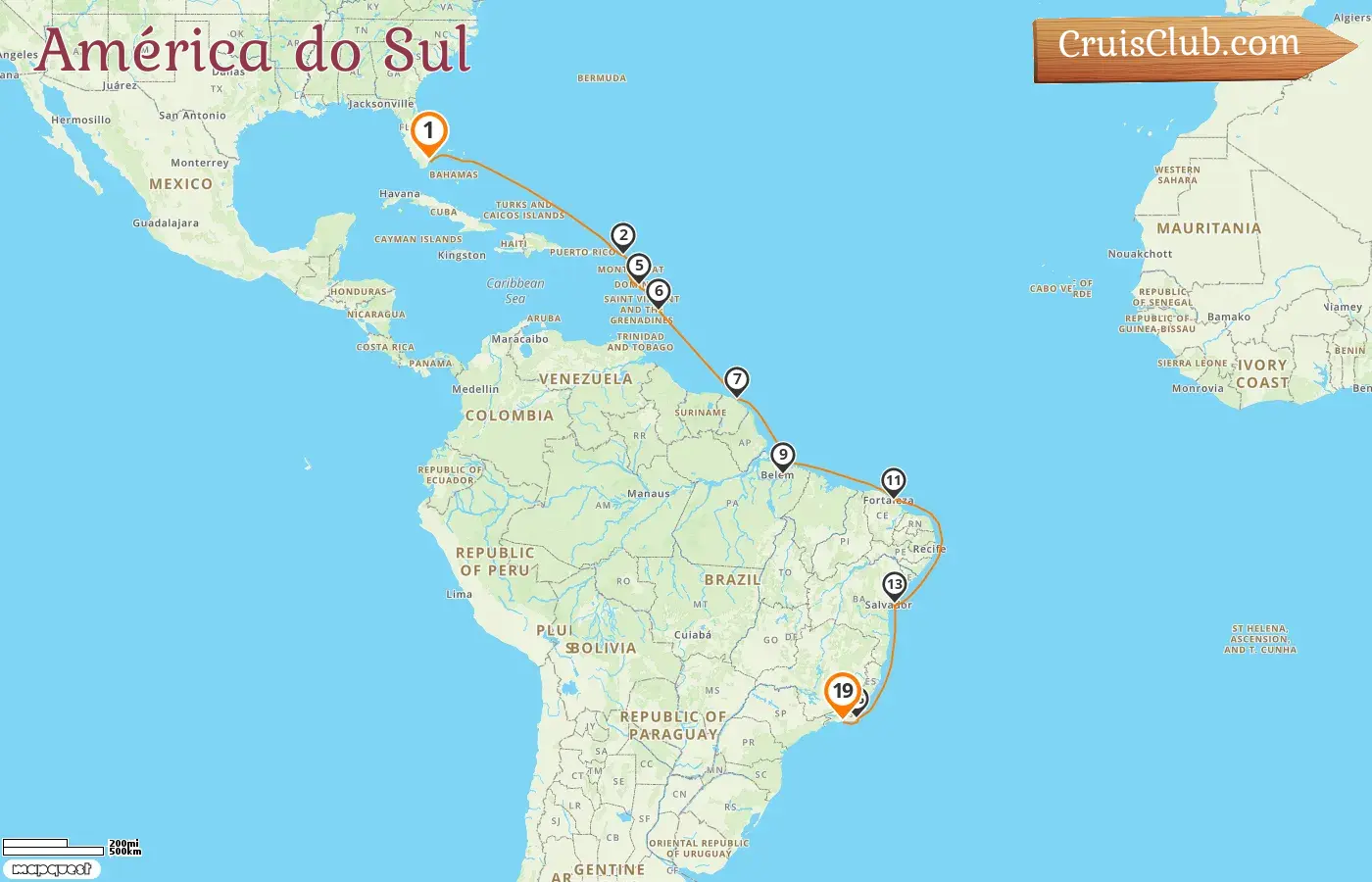 Cruzeiro na América do Sul de Miami para o Rio de Janeiro a bordo do navio Oceania Vista com visitas aos EUA, São Bartolomeu, Barbados, Guiana Francesa e Brasil por 19 dias
