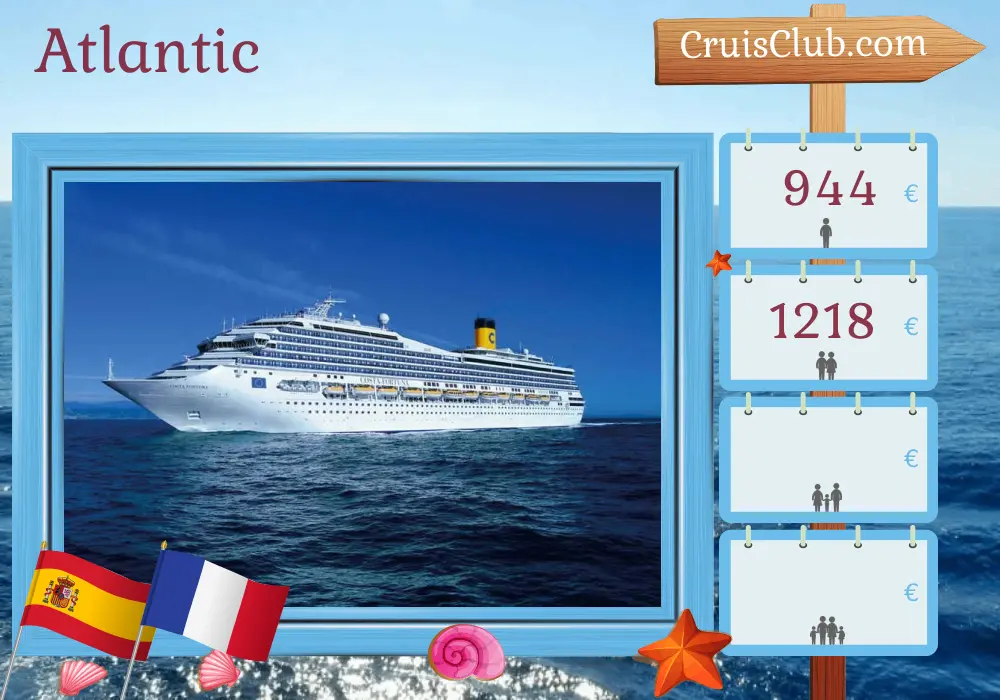 Cruise in the Atlantic from Santa Cruz de Tenerife to Marseille aboard Costa Fortuna ship with visits to Spain, Morocco, and France for 7 days
