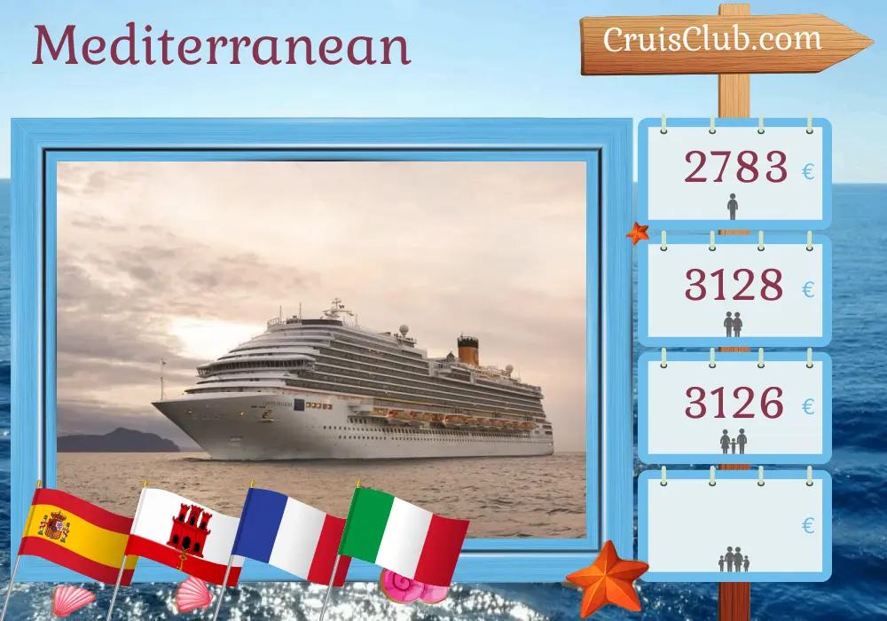 Cruise in the Mediterranean from Barcelona aboard Costa Diadema ship with visits to Spain, Gibraltar, France, and Italy for 11 days