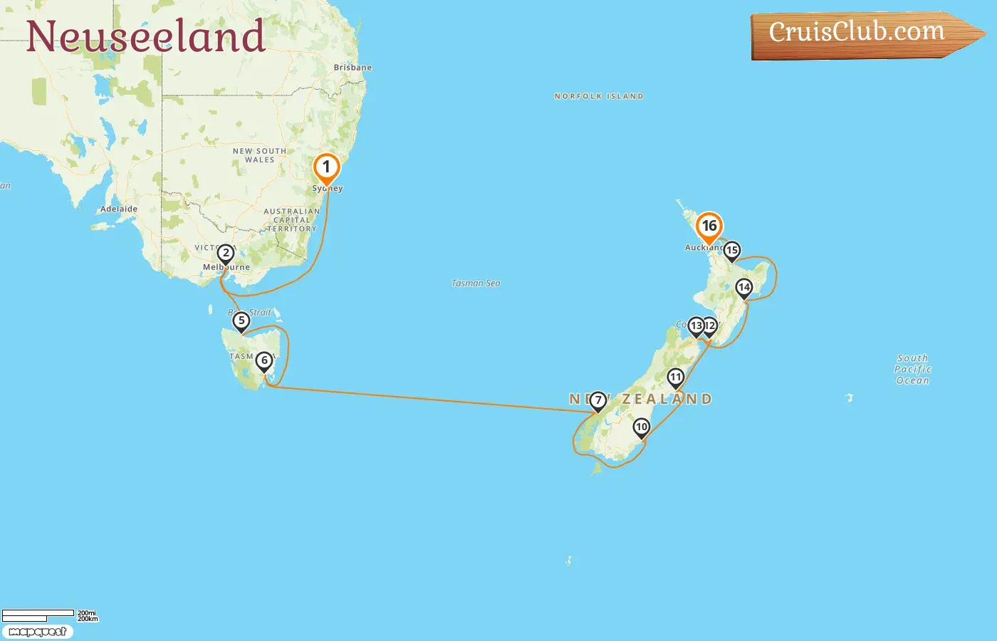 Kreuzfahrt in Neuseeland von Sydney nach Auckland an Bord des Schiffes Oceania Riviera mit Besuchen in Australien und Neuseeland für 16 Tage