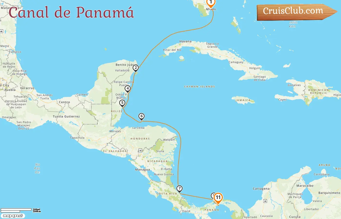 Crucero por el Canal de Panamá desde Miami a la Ciudad de Panamá a bordo del barco Oceania Insignia con visitas a EE. UU., México, Belice, Honduras, Costa Rica y Panamá durante 11 días