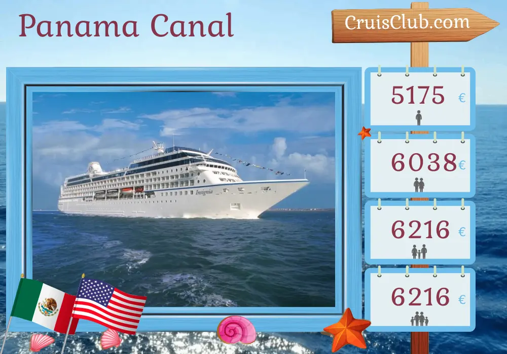 Cruise in the Panama Canal from Panama City to Miami aboard Oceania Insignia ship with visits to Panama, Colombia, Costa Rica, Honduras, Mexico, and USA for 11 days