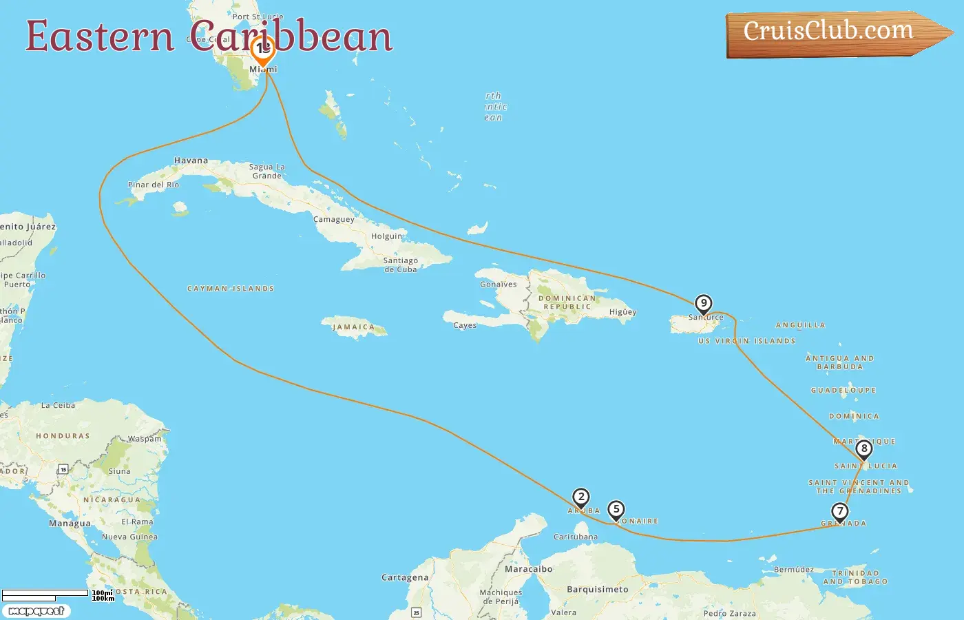 Cruise in the Eastern Caribbean from Miami aboard Oceania Insignia ship with visits to USA, Aruba, Curaçao, Grenada, and Puerto Rico for 13 days