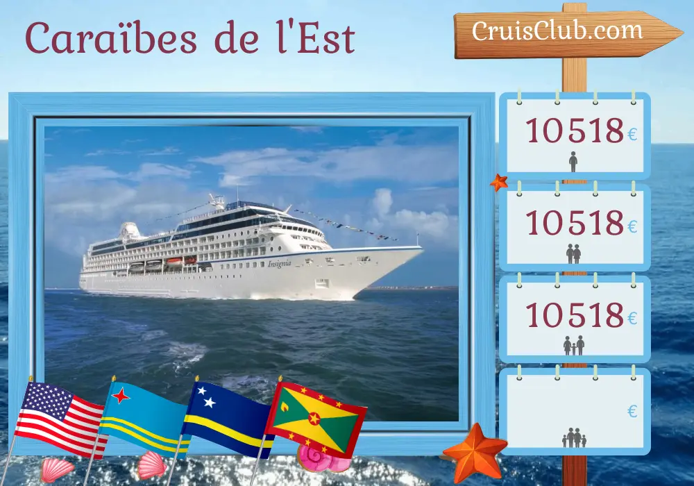 Croisière dans les Caraïbes orientales au départ de Miami à bord du navire Oceania Insignia avec des escales aux États-Unis, à Aruba, Curaçao, Grenade et Porto Rico pendant 13 jours