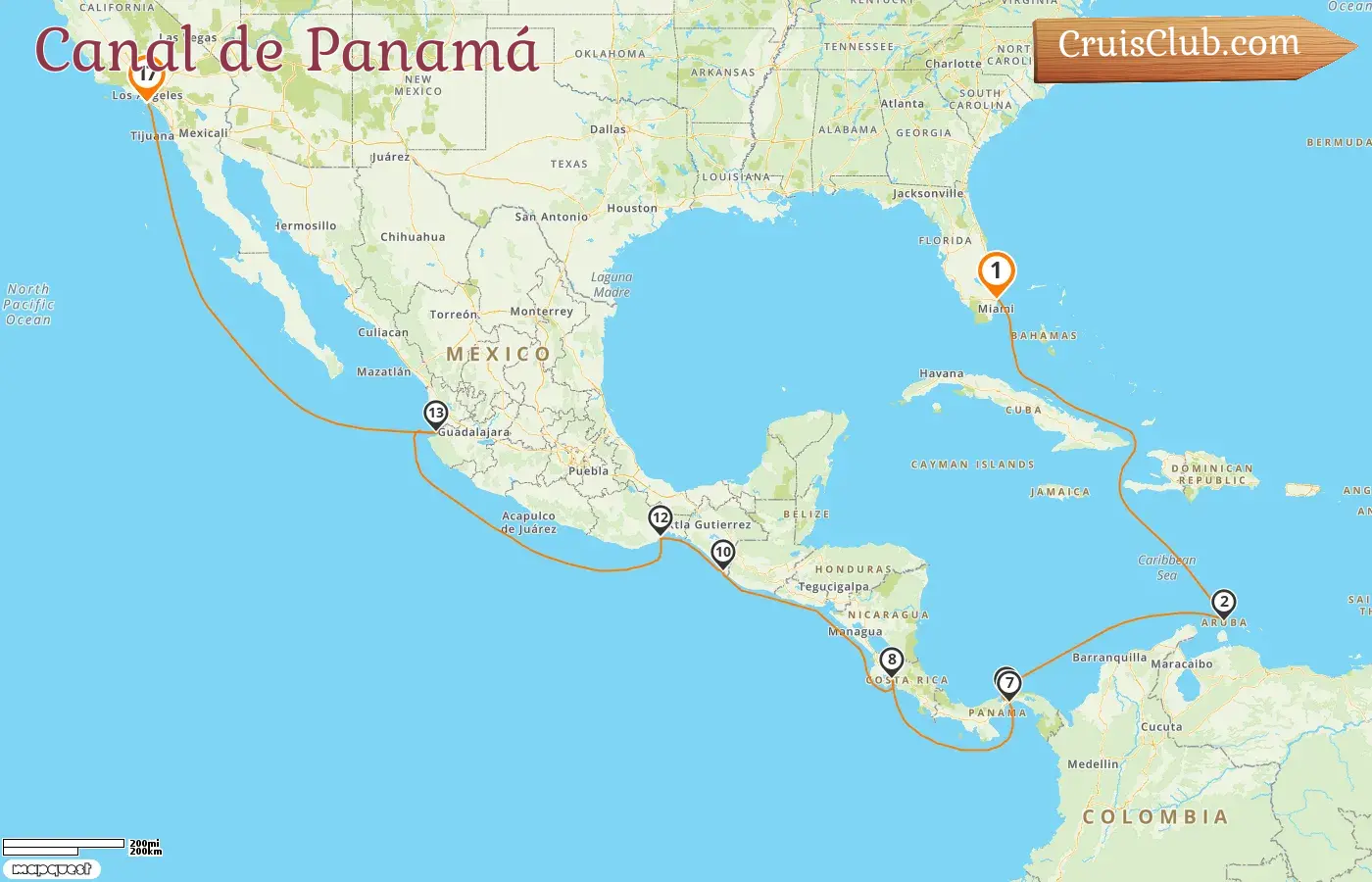 Crucero en el Canal de Panamá de Fort Lauderdale a Los Ángeles a bordo del barco Grand Princess con visitas a EE. UU., Aruba, Panamá, Costa Rica y México por 17 días