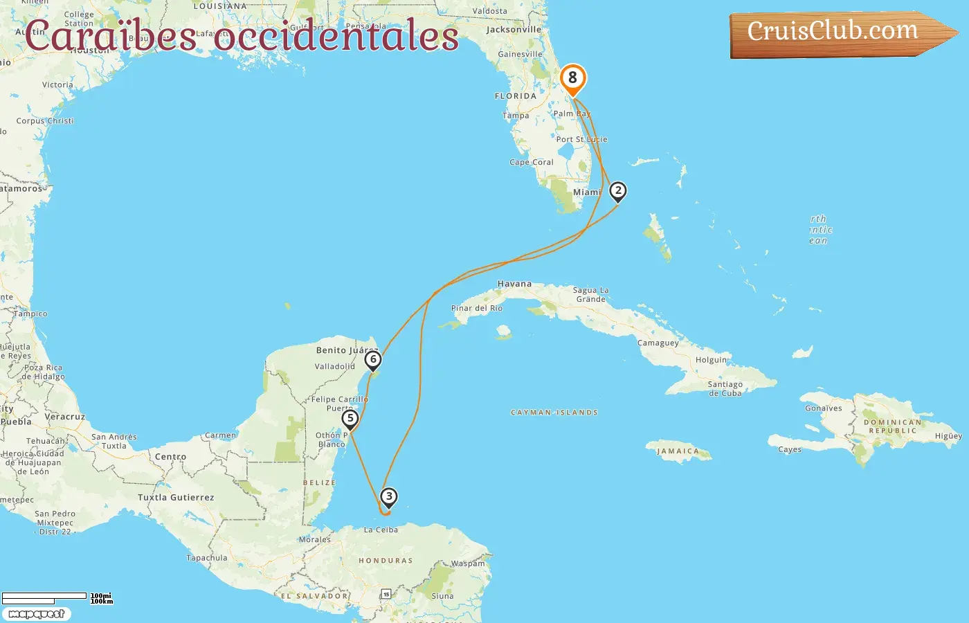 Croisière dans les Caraïbes occidentales au départ de Port Canaveral / Orlando à bord du navire MSC Seashore avec des escales aux États-Unis, aux Bahamas, au Honduras et au Mexique pendant 8 jours