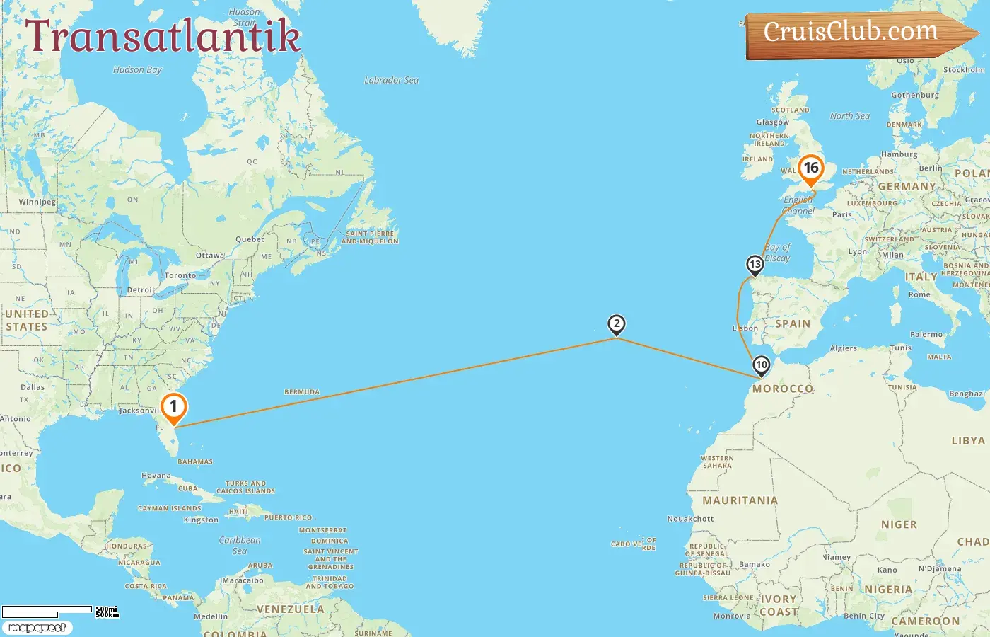 Kreuzfahrt im Transatlantik von Port Canaveral / Orlando nach Southampton an Bord des Schiffes Sky Princess mit Besuchen in den USA, Portugal und Marokko für 16 Tage