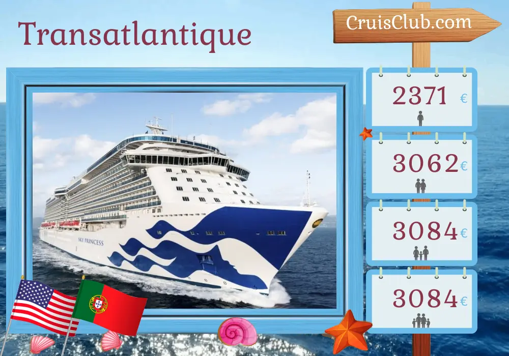 Croisière transatlantique de Port Canaveral / Orlando à Southampton à bord du navire Sky Princess avec visites aux États-Unis, au Portugal et au Maroc pendant 16 jours