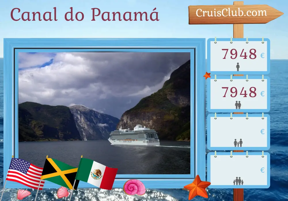Cruzeiro no Canal do Panamá de Miami para Los Angeles a bordo do navio Oceania Vista com visitas aos EUA, Jamaica, Colômbia, Panamá, Costa Rica, El Salvador, Guatemala e México por 18 dias