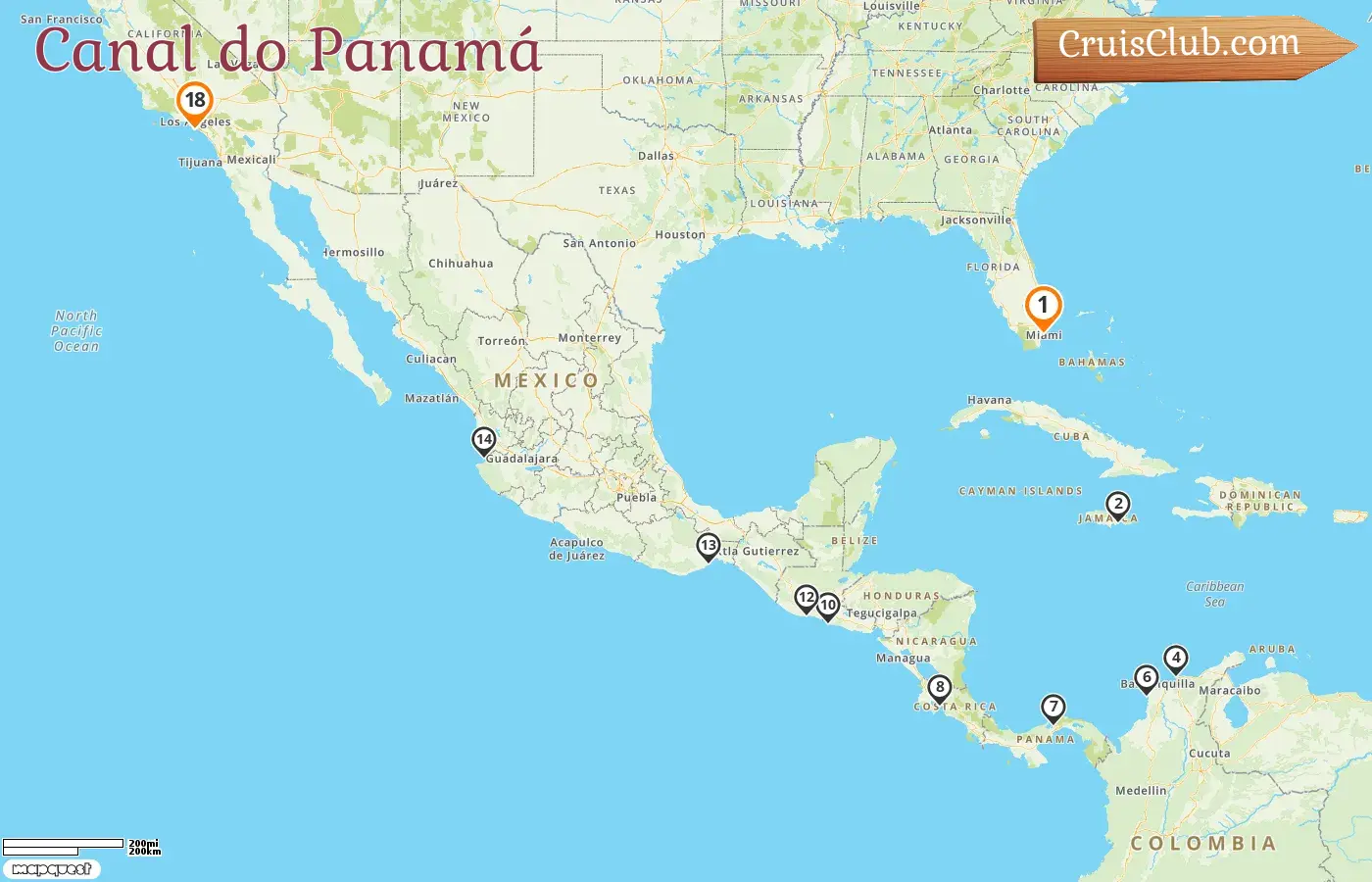 Cruzeiro no Canal do Panamá de Miami para Los Angeles a bordo do navio Oceania Vista com visitas aos EUA, Jamaica, Colômbia, Panamá, Costa Rica, El Salvador, Guatemala e México por 18 dias
