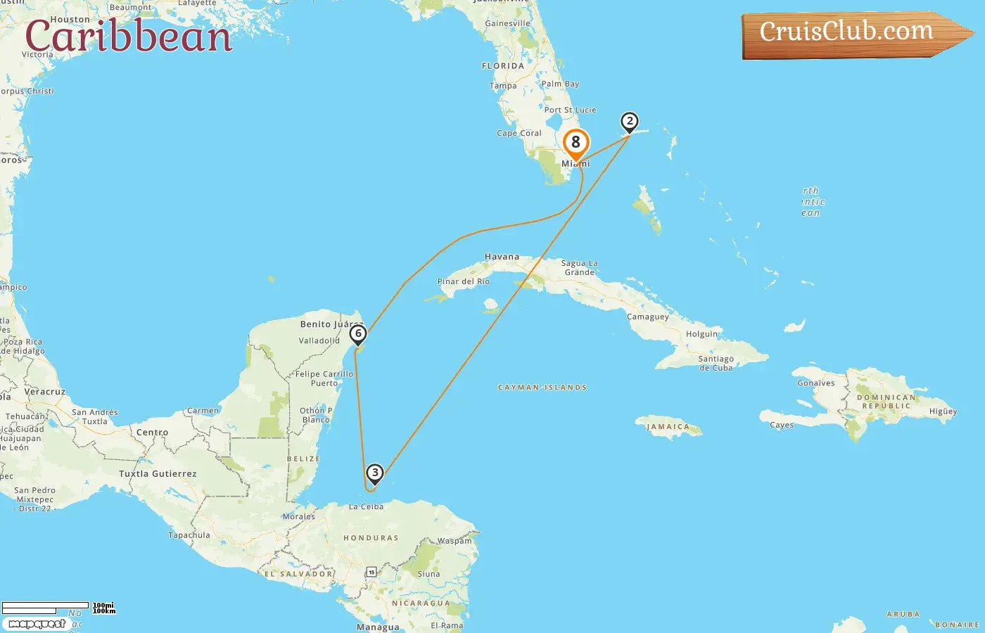 Cruise in the Caribbean from Miami aboard Carnival Celebration ship with visits to USA, Bahamas, Honduras, and Mexico for 8 days