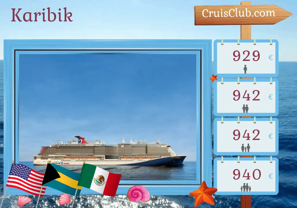 Kreuzfahrt in der Karibik ab Miami an Bord des Carnival Celebration-Schiffs mit Besuchen in den USA, den Bahamas, Honduras und Mexiko für 8 Tage