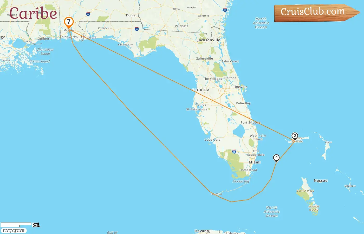 Cruzeiro nas Caraíbas a partir de Mobile a bordo do navio Carnival Spirit com visitas aos EUA e às Bahamas por 7 dias