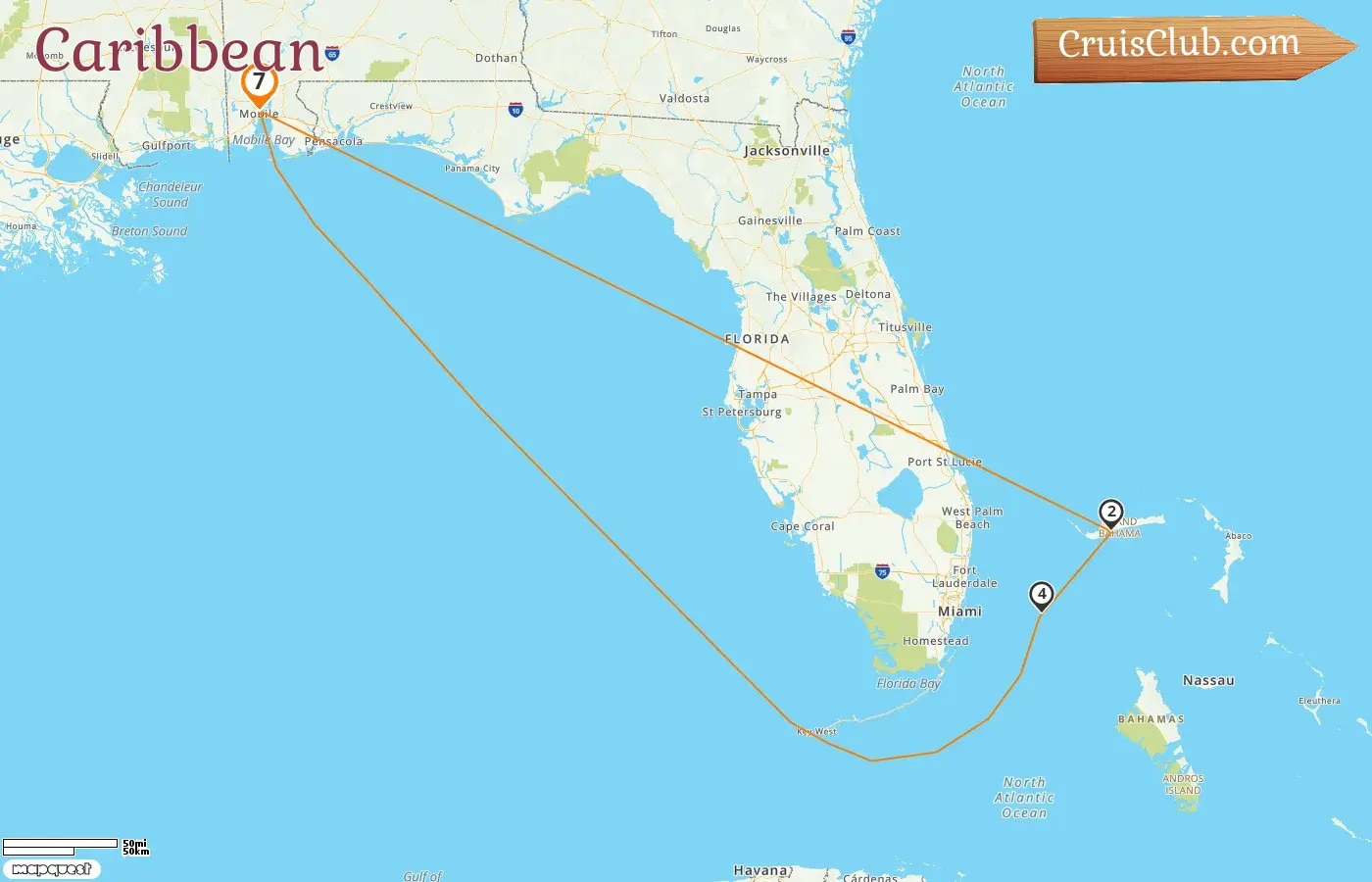 Cruise in the Caribbean from Mobile aboard Carnival Spirit ship with visits to USA and Bahamas for 7 days