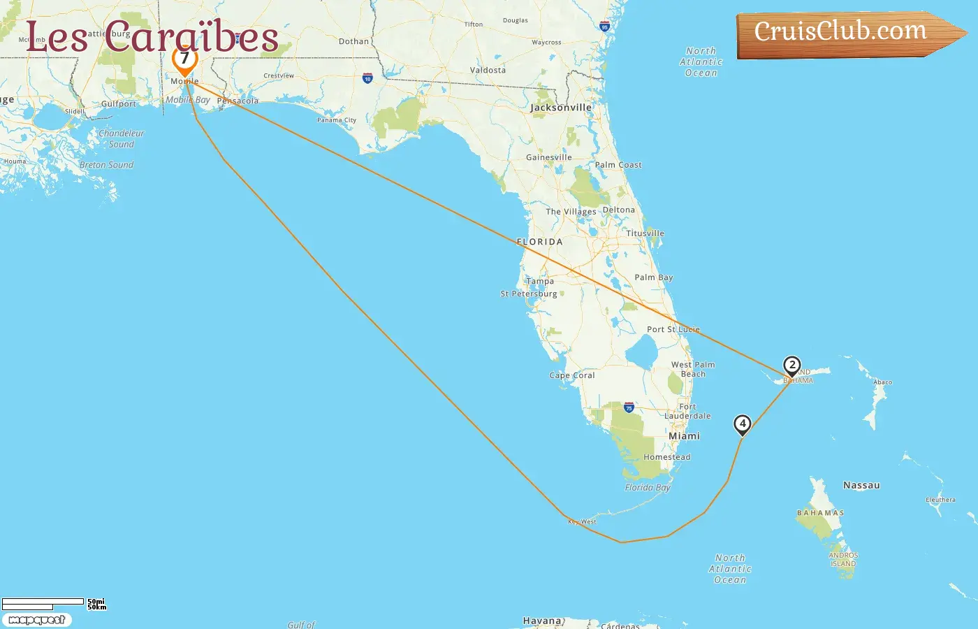 Croisière dans les Caraïbes au départ de Mobile à bord du navire Carnival Spirit avec escales aux États-Unis et aux Bahamas pendant 7 jours