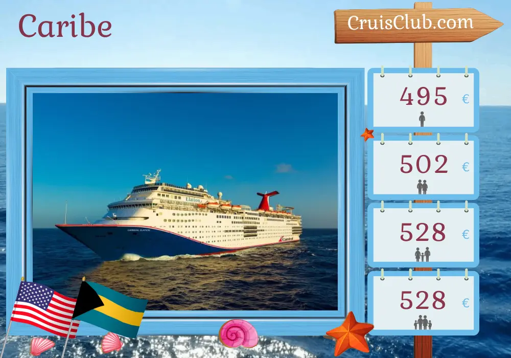 Cruzeiro no Caribe saindo de Jacksonville a bordo do navio Carnival Elation com visitas aos EUA e Bahamas por 6 dias