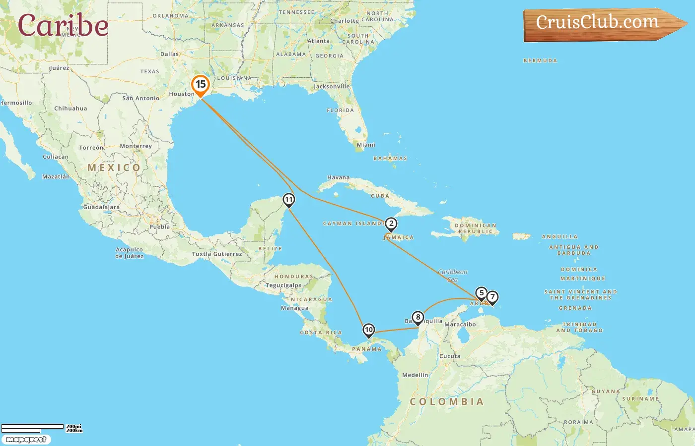 Crucero por el Caribe desde Galveston a bordo del barco Carnival Legend con visitas a EE. UU., Jamaica, Aruba, Curazao, Colombia, Panamá y México por 15 días
