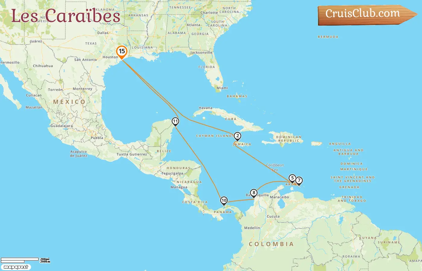 Croisière dans les Caraïbes au départ de Galveston à bord du navire Carnival Legend avec escales aux États-Unis, en Jamaïque, à Aruba, Curaçao, en Colombie, au Panama et au Mexique pendant 15 jours