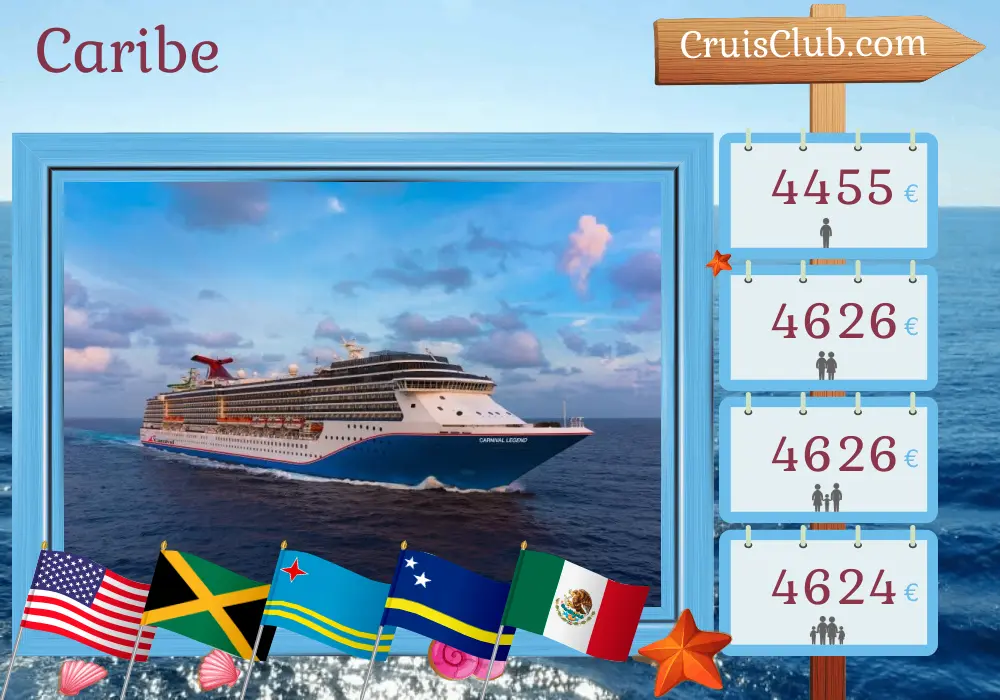 Crucero por el Caribe desde Galveston a bordo del barco Carnival Legend con visitas a EE. UU., Jamaica, Aruba, Curazao, Colombia, Panamá y México por 15 días