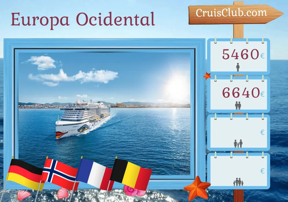Cruzeiro na Europa Ocidental saindo de Hamburgo a bordo do navio AIDAperla com visitas à Alemanha, Noruega, França e Bélgica por 15 dias