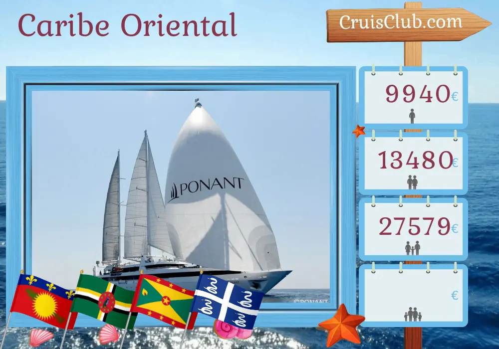 Crucero por el Caribe Oriental desde Pointe-à-Pitre a bordo del barco Le Ponant con visitas a Guadalupe, Dominica, San Vicente y las Granadinas, Granada y Martinica durante 8 días