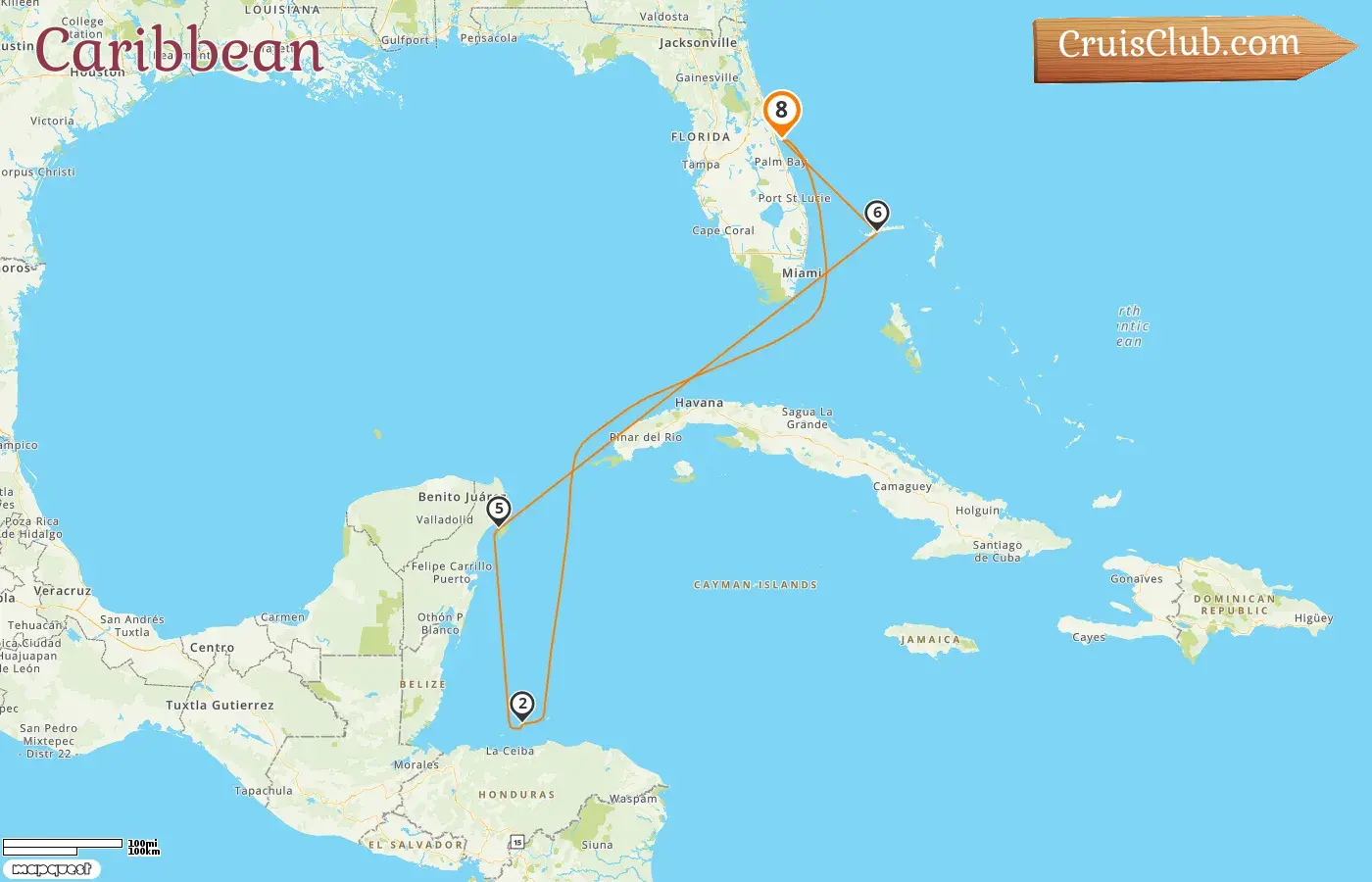 Cruise in the Caribbean from Port Canaveral / Orlando aboard Mardi Gras ship with visits to USA, Honduras, Mexico, and Bahamas for 8 days