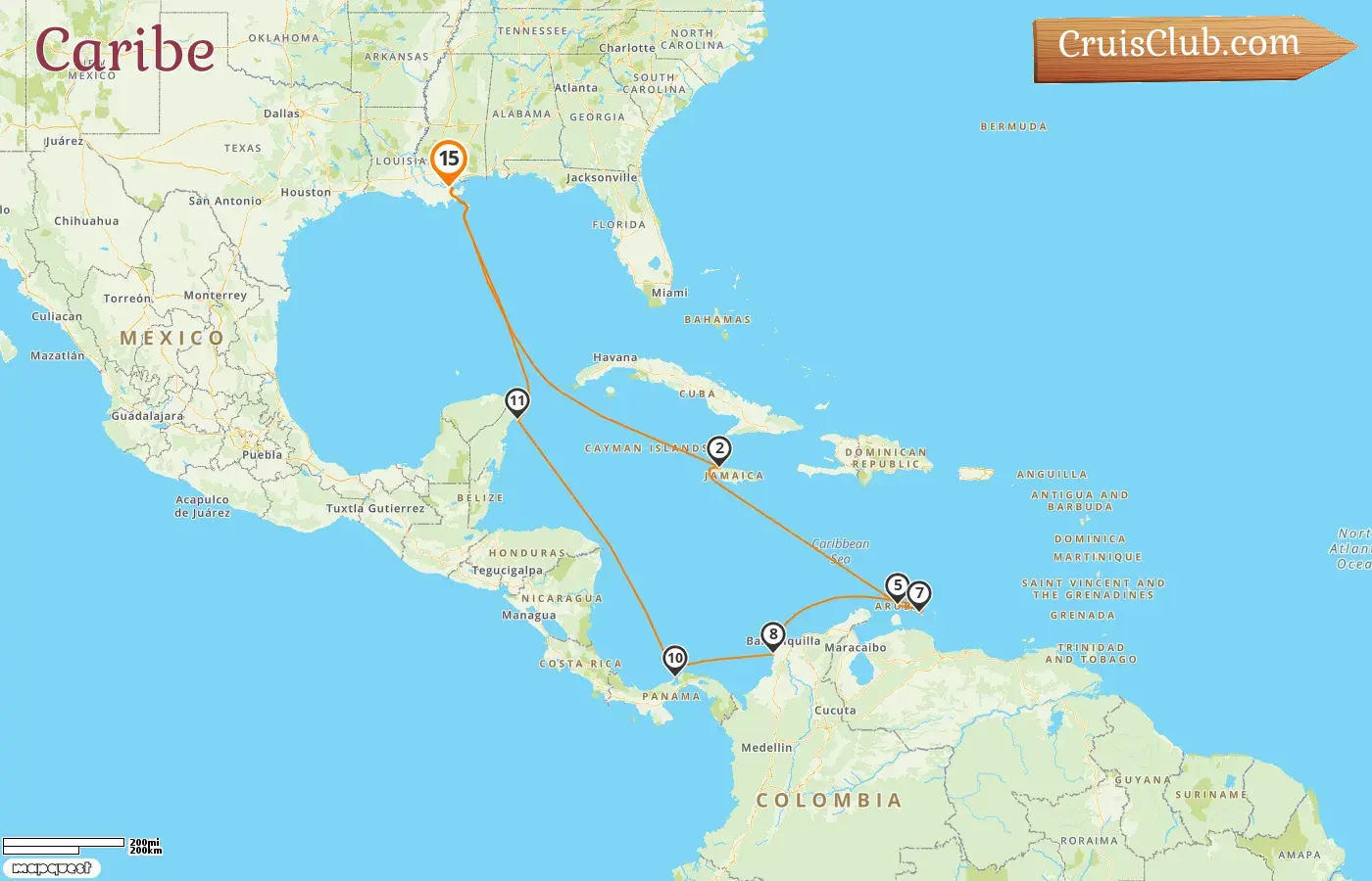 Cruzeiro no Caribe a partir de Nova Orleans a bordo do navio Carnival Liberty com visitas aos EUA, Jamaica, Aruba, Curaçao, Colômbia, Panamá e México por 15 dias