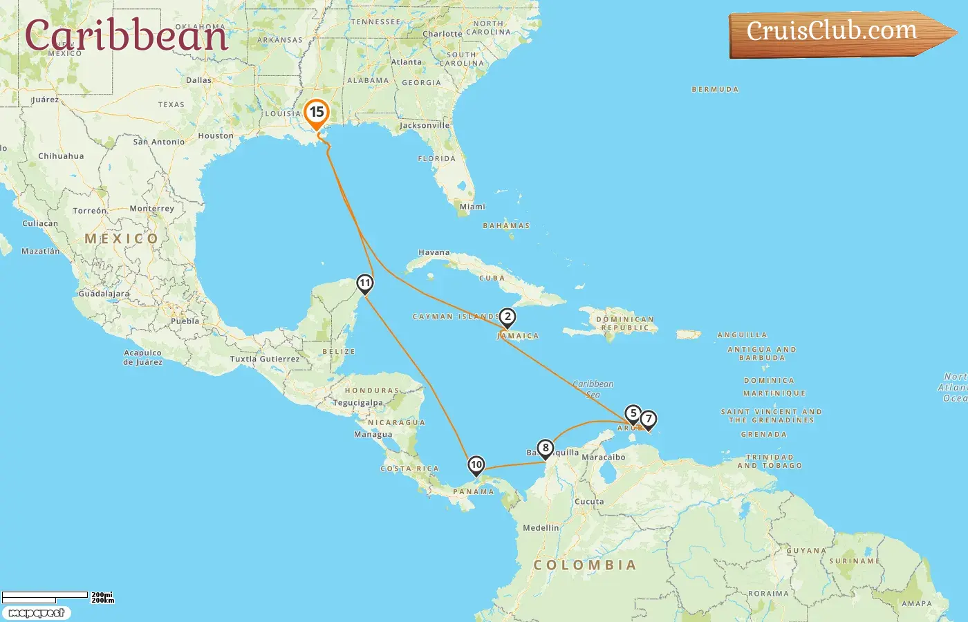 Cruise in the Caribbean from New Orleans aboard Carnival Liberty ship with visits to USA, Jamaica, Aruba, Curaçao, Colombia, Panama, and Mexico for 15 days
