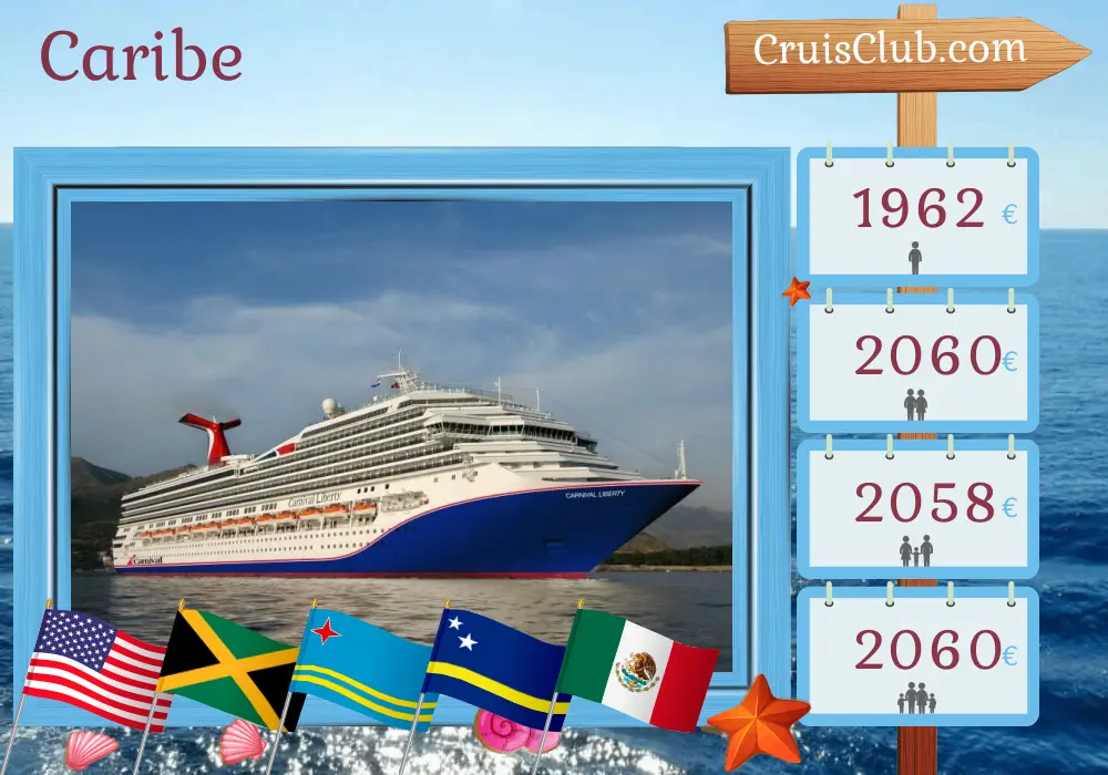 Crucero por el Caribe desde Nueva Orleans a bordo del barco Carnival Liberty con visitas a EE. UU., Jamaica, Aruba, Curazao, Colombia, Panamá y México durante 15 días