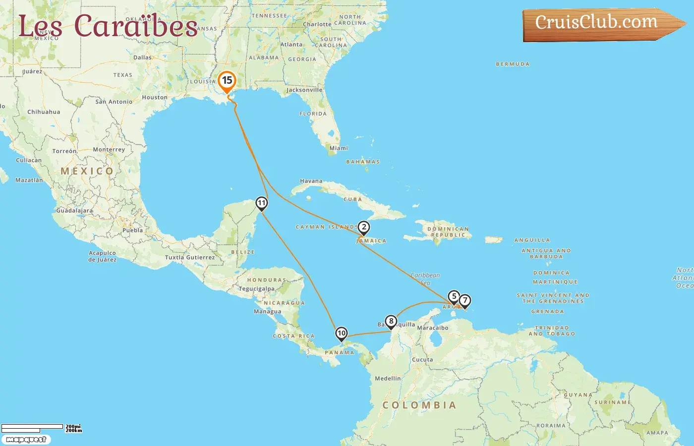 Croisière dans les Caraïbes au départ de La Nouvelle-Orléans à bord du navire Carnival Liberty avec des escales aux États-Unis, en Jamaïque, à Aruba, à Curaçao, en Colombie, au Panama et au Mexique pendant 15 jours