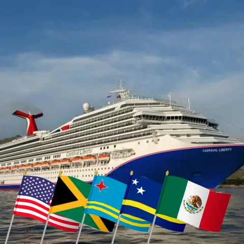 Cruise in the Caribbean from New Orleans aboard Carnival Liberty ship with visits to USA, Jamaica, Aruba, Curaçao, Colombia, Panama, and Mexico for 15 days