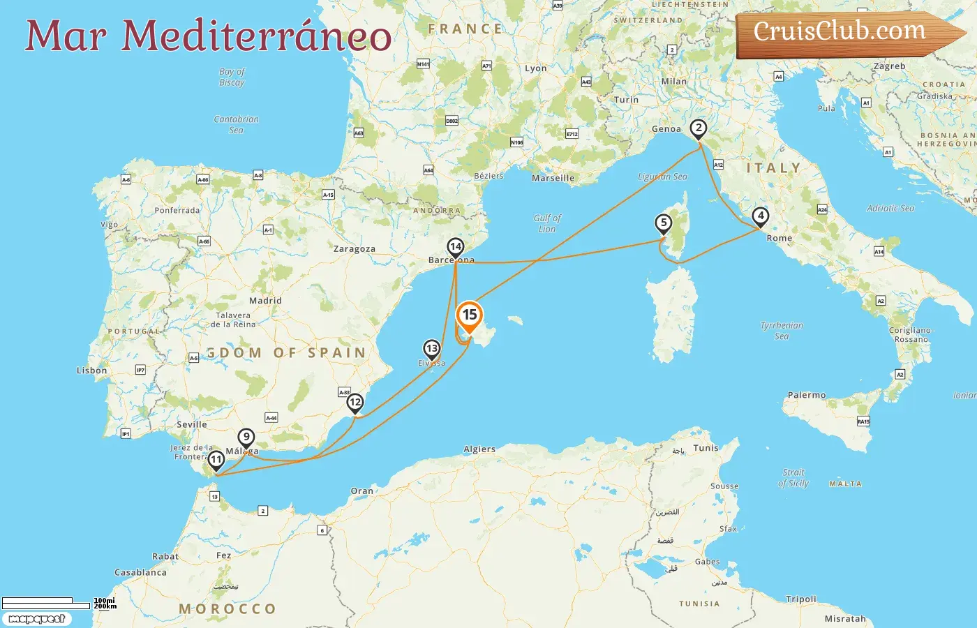 Crucero en el Mediterráneo desde Palma a bordo del barco AIDAcosma con visitas a España, Italia, Francia y Gibraltar durante 15 días
