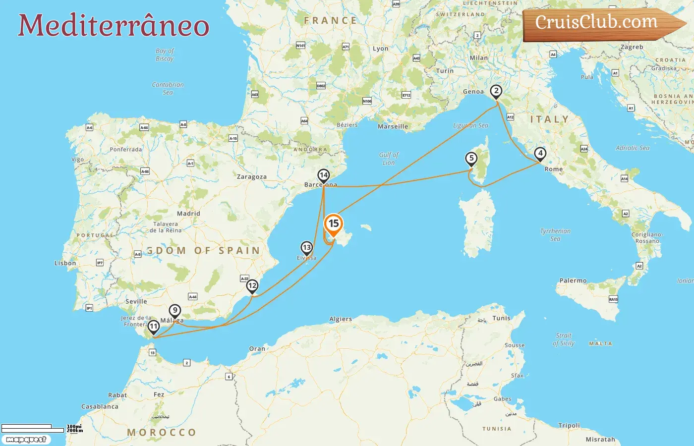 Cruzeiro no Mediterrâneo a partir de Palma a bordo do navio AIDAcosma com visitas a Espanha, Itália, França e Gibraltar por 15 dias