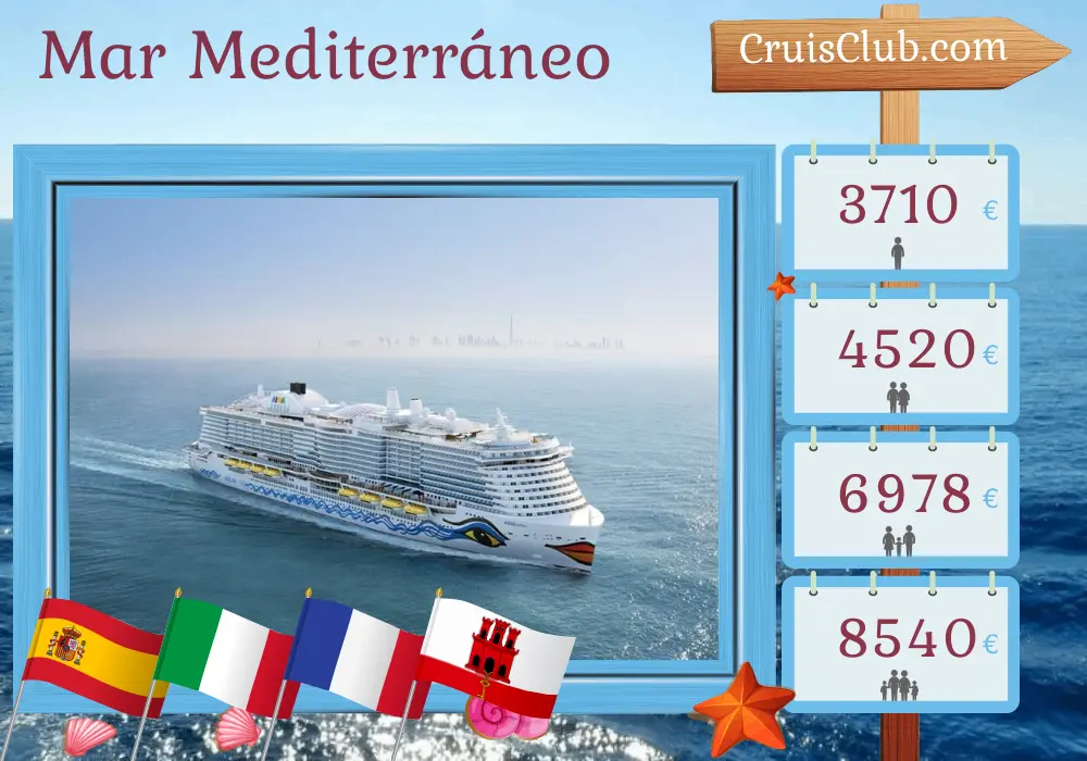 Crucero en el Mediterráneo desde Palma a bordo del barco AIDAcosma con visitas a España, Italia, Francia y Gibraltar durante 15 días