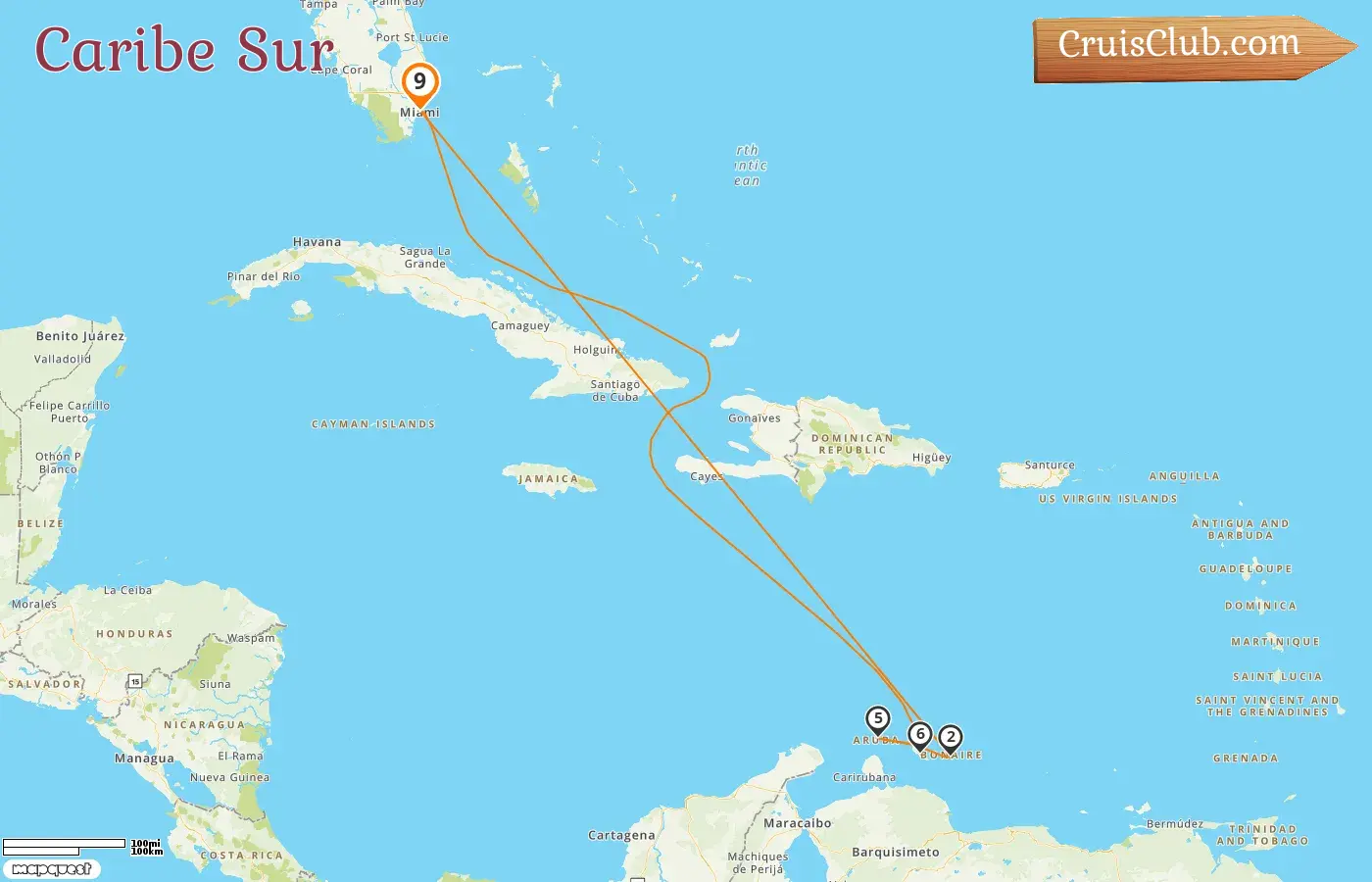 Crucero por el Caribe Sur desde Miami a bordo del barco Carnival Magic con visitas a Estados Unidos, Aruba y Curazao durante 9 días
