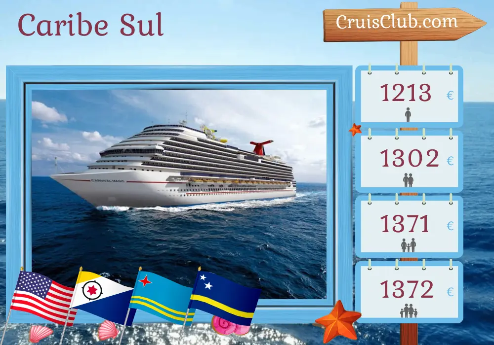 Cruzeiro no Caribe Sul a partir de Miami a bordo do navio Carnival Magic com visitas aos EUA, Aruba e Curaçao por 9 dias