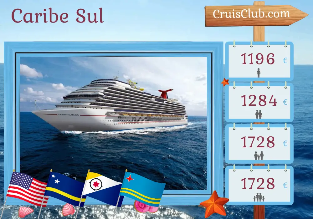 Cruzeiro no Caribe Sul a partir de Miami a bordo do navio Carnival Magic com visitas aos Estados Unidos, Curaçao e Aruba por 9 dias