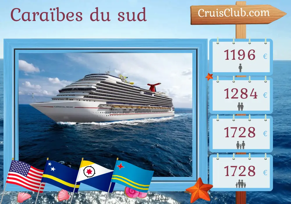 Croisière dans les Caraïbes du Sud au départ de Miami à bord du navire Carnival Magic avec des visites aux États-Unis, à Curaçao et à Aruba pendant 9 jours