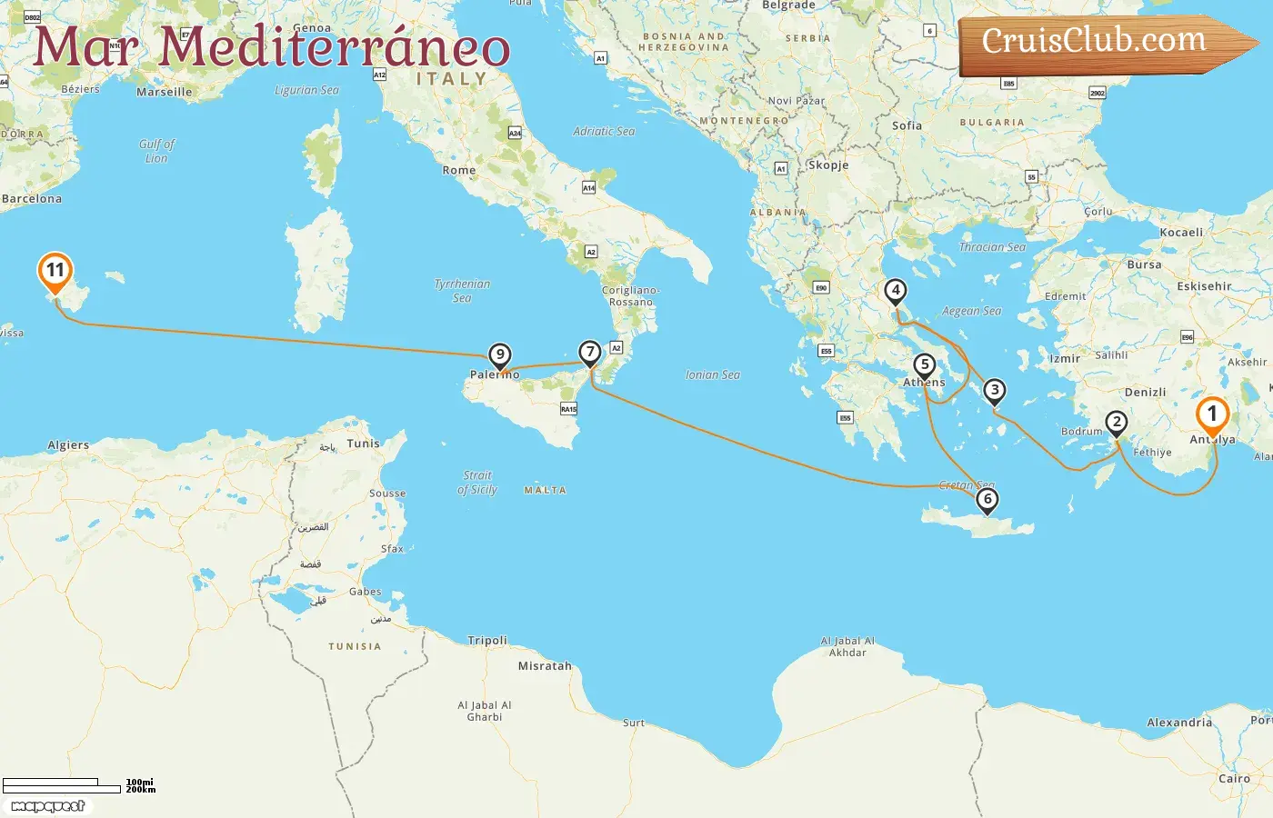 Crucero por el Mediterráneo desde Antalya a Palma a bordo del barco AIDAstella con visitas a Turquía, Grecia, Italia y España durante 11 días