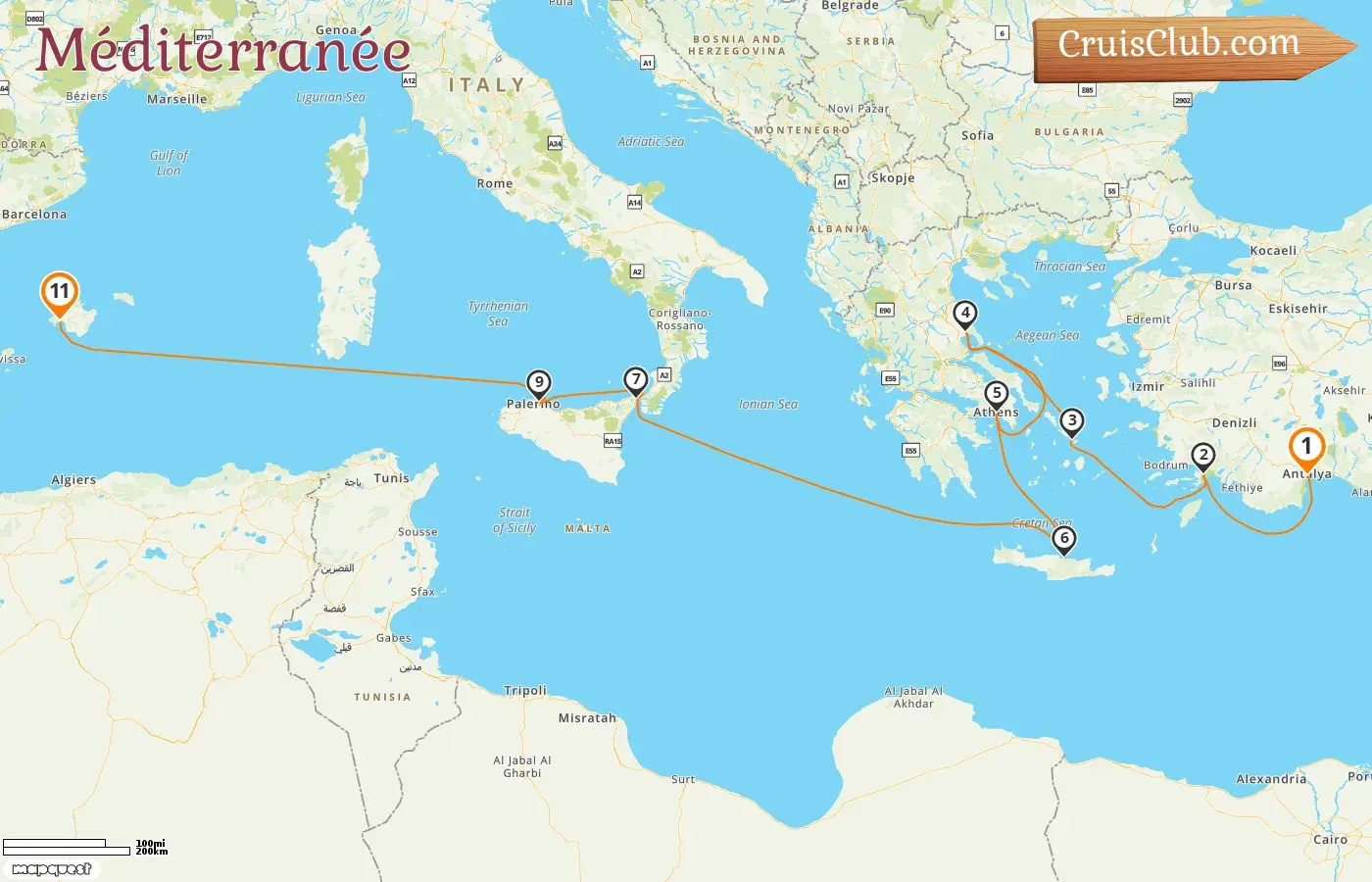 Croisière en Méditerranée d`Antalya à Palma à bord du navire AIDAstella avec des escales en Turquie, en Grèce, en Italie et en Espagne pendant 11 jours