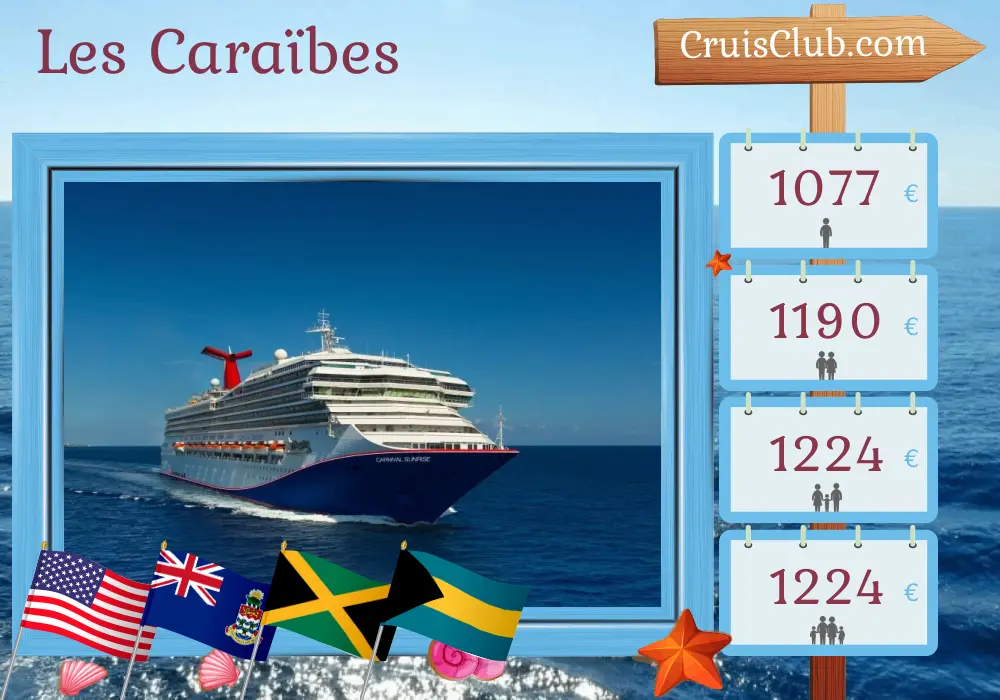 Croisière dans les Caraïbes au départ de Miami à bord du navire Carnival Sunrise avec des escales aux États-Unis, aux îles Caïmans, en Jamaïque et aux Bahamas pendant 7 jours
