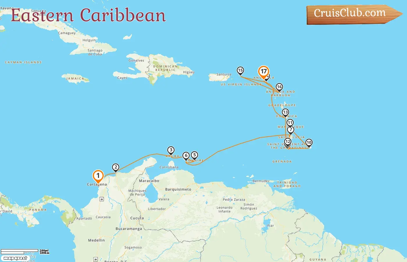 Cruise in the Eastern Caribbean from Cartagena to Philipsburg aboard Silver Shadow ship with visits to Colombia, Aruba, Curaçao, Saint Vincent and the Grenadines, Barbados, Martinique, and Saint Barthélemy for 17 days